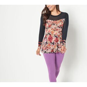 Maya J Women's Top Sz M Printed Sheer Mesh Solid Details Black A455491